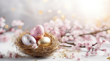 Easter eggs decorated with flowers in a decorative nest. Spring background. Happy Easter card template