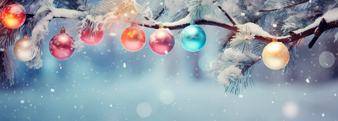 christmas tree branches with ornaments, snow and christmas lights, in the style of color splash, soft edges and blurred details