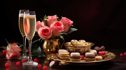 Obraz na płótnie Canvas Dessert, bouquet of roses and glasses of champagne for the couple. Happy Valentine's Day. Symbol of passion and love