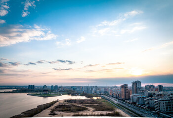 Fototapeta na wymiar Panoramic view of the center of Kazan. Cityscape with the Kazanka River. An unusual view of Kazan from above