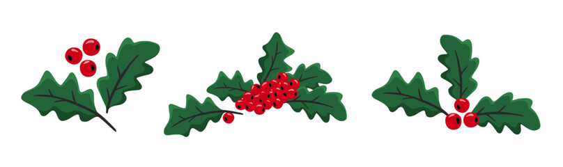 Set of Christmas holly with green leaves, red berries. Happy New Year holly berry icon, floral elements for winter holidays, Christmas symbol. Hand drawn vector illustration on white background