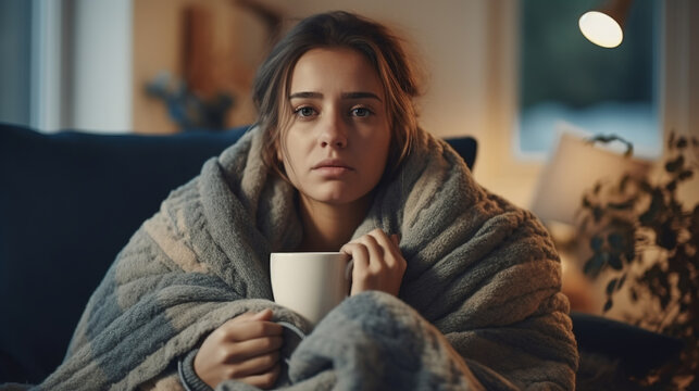 Sad Sick Woman With Headache And Runny Nose Sits On The Sofa At Home, Wrapped In A Gray Blanket And Drinks A Hot Drink. Treatment Of Colds And Flu