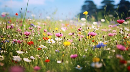 A beautiful, sun-drenched spring summer meadow. Natural colorful panoramic landscape with many wild flowers of daisies against blue sky. Soft selective focus.
