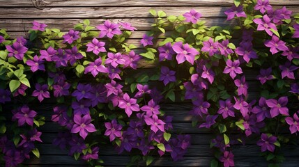 Fototapeta na wymiar A clematis vine climbing a rustic wooden fence, its delicate, star-shaped flowers weaving a natural tapestry of color.