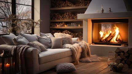 Stylish cozy winter chalet living room with fireplace, blanket sofa and candles