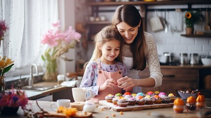 Happy holiday . Mother and her daughter cute little girl decorate Easter bread. The family is preparing for Easter.