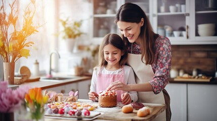 Happy holiday . Mother and her daughter cute little girl decorate Easter bread. The family is preparing for Easter. - Powered by Adobe
