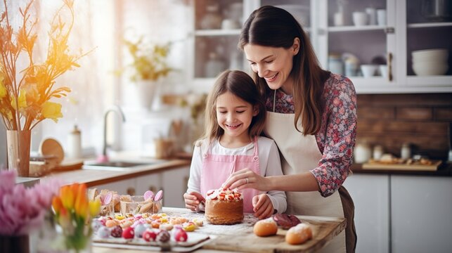 Happy holiday . Mother and her daughter cute little girl decorate Easter bread. The family is preparing for Easter.