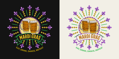 Carnival circular Mardi Gras label with full frothy glass of beer, Fleur de Lis, beads, ribbon, text. For prints, clothing, t shirt, surface design. Vintage illustration. Not AI © OA_Creation