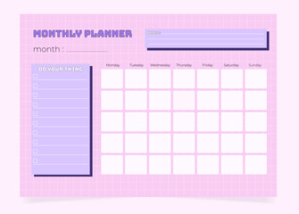 Horizontal Y2k style monthly planner calendar template 2024. 90s graphic design vector planner with checkered background.