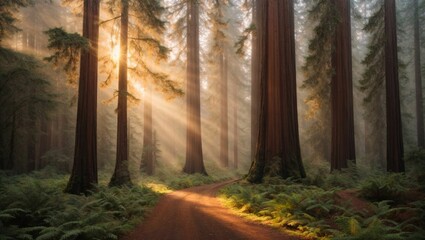 sun rays shine through the trees in the forest while on a road