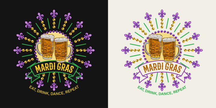 Carnival circular Mardi Gras label with full frothy glass of beer, Fleur de Lis, beads, ribbon, text. For prints, clothing, t shirt, surface design. Vintage illustration. Not AI