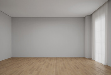 Empty white wall with window and wooden floor. 3d rendering of interior room background.