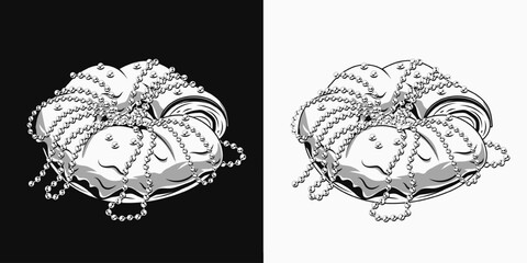 Mardi Gras traditional king cake, roll with strings of beads. Vintage monochrome illustration on black, white background.