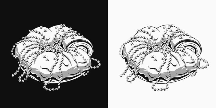 Mardi Gras traditional king cake, roll with strings of beads. Vintage monochrome illustration on black, white background.
