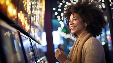 Happy afro american woman playing slot machine in casino. Gambling theme - obrazy, fototapety, plakaty