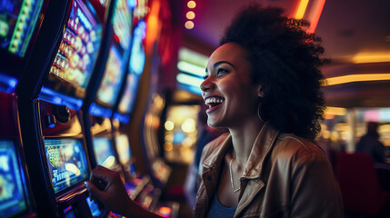 Happy afro american woman playing slot machine in casino. Gambling theme
