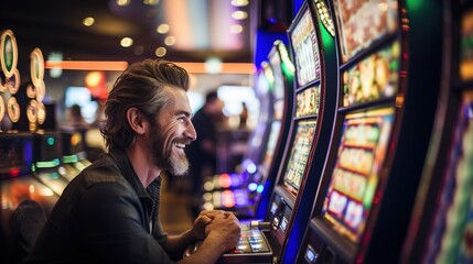 Happy man playing slot machine in casino. Gambling theme - obrazy, fototapety, plakaty