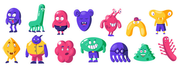 Cute abstract monsters. Doodle funny shapes alien characters with different emotions, figures with cute faces. Vector childish monster set