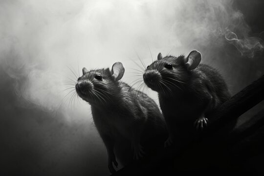 AI generated illustration of black rats sitting in the fog in grayscale