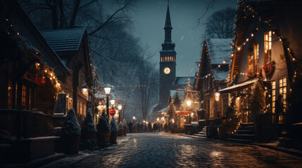 Fototapeta na wymiar Christmas time small town at night, Christmas lights, Generative AI