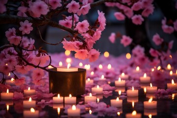 AI generated illustration of blossoming pink trees above candles on a pond - obrazy, fototapety, plakaty