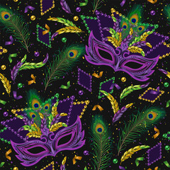Carnival Mardi Gras seamless pattern with masquerade mask, peacock feathers, confetti, scattered beads. Festive holiday design. Vintage illustration for prints, clothing, surface design. Not AI