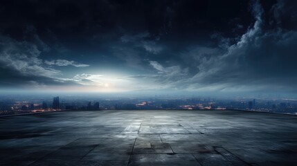 Dark concrete floor with picturesque night sky horizon and dramatic clouds and the city