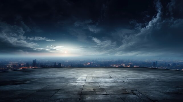 Dark concrete floor with picturesque night sky horizon and dramatic clouds and the city