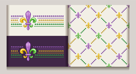 Set of horizontal label, geometric pattern with fleur de lis symbol, string of beads Diagonal square grid. Illustration for Mardi Gras carnival. Vintage illustration for prints, holiday design