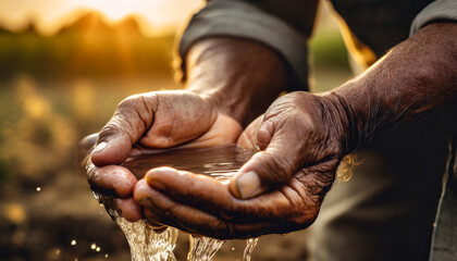 Close-up of two wrinkled hands (cupped hands full of fresh water) of a farmer holding fresh water. Concept of water scarcity, drought or water conservation. - obrazy, fototapety, plakaty