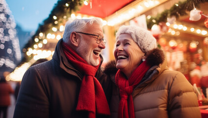 Obraz premium Joyful Moments: Older Couple's Laughter Echoes Through Festive Christmas Display