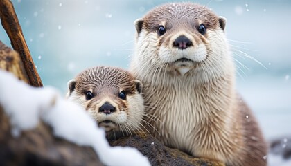 Portrait of an otter or beaver family in winter.