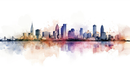 City skyline in the style of watercolor, on a white background