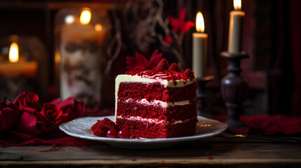 A tempting photo of a red velvet cake, romantic chiaroscuro lighting, evening, Valentine theme. - obrazy, fototapety, plakaty