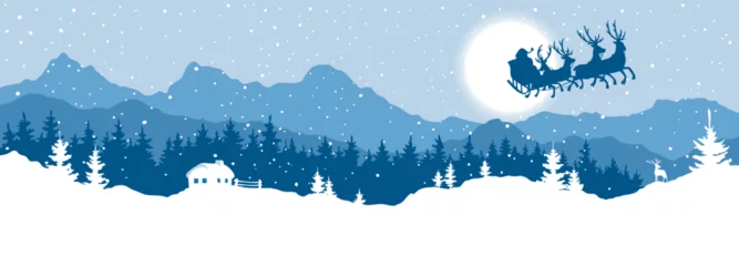 Fotobehang Abstract landscape with a snowy forest and with Santa's reindeer sleigh. Narrow vector illustrations, Christmas wallpaper.  © imagination13