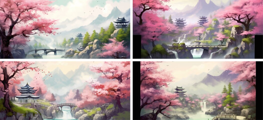 ink mist painting oriental japan artwork fog japanese sketch watercolor artistic brush scenery  - obrazy, fototapety, plakaty
