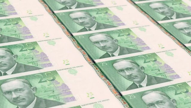 Estonia Estonian Kroon 25 Banknotes Money Printing House, Printing Twenty Five Estonian Kroon, Printing Press Machine Print out Estonian Kroon, Being printed by currency press machine 25 Estonian