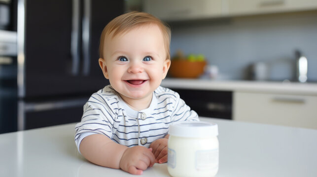 Small Cheerful Smiling Child Drinks Milk At The Table, Baby Formula, Nutrition, Food, Kitchen, Kid Eating, Infant, Newborn, House, Emotional Portrait, Glass, Jar, Facial Expression, Joy, Meal, Dinner