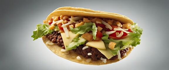 Taco mexican flying through the air with cheese and lettuce, mexican food, Photography