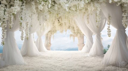 decorative white wedding flowers background illustration ethereal beautiful, leaves design, fantasy romantic decorative white wedding flowers background - obrazy, fototapety, plakaty
