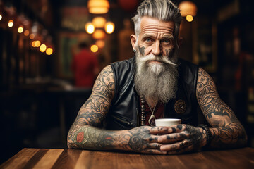 A senior man, whose arms are heavily tattooed, enjoys a cup of coffee at a quiet cafe
