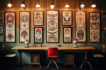  Vintage tattoo flash art is displayed on wooden walls, adding an old-school aesthetic to a tattoo parlor filled with a mix of modern and traditional equipment