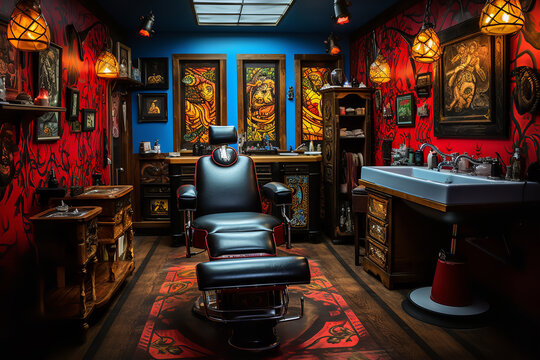 The interior of a tattoo parlor is adorned with flash art designs on the walls, offering a variety of tattoo options