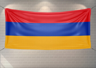 Armenia national flag cloth fabric waving on beautiful bricks Background.