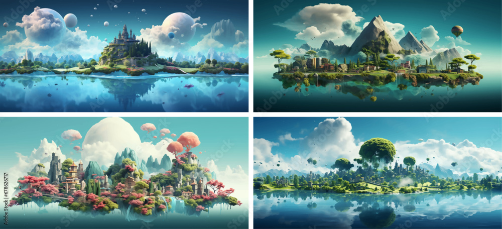 Wall mural eps picture clipart jungle peaceful fantasy artistic reflection outside scenery scene pond wallpaper