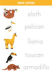 Tracing letters with cute south american animals. Writing practice.