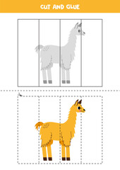 Cut and glue game for kids. Cute cartoon llama.