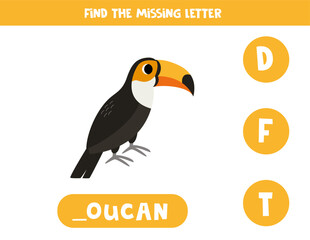 Find missing letter with cartoon toucan. Spelling worksheet.