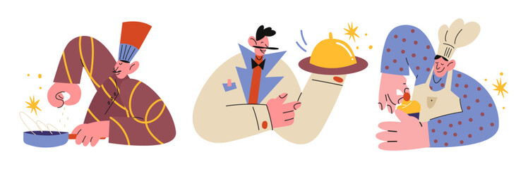 Cartoon characters chef, waitress in retro 90s doodle style. People prepare food, service, restaurant, kitchen. Characters are cooking professionals